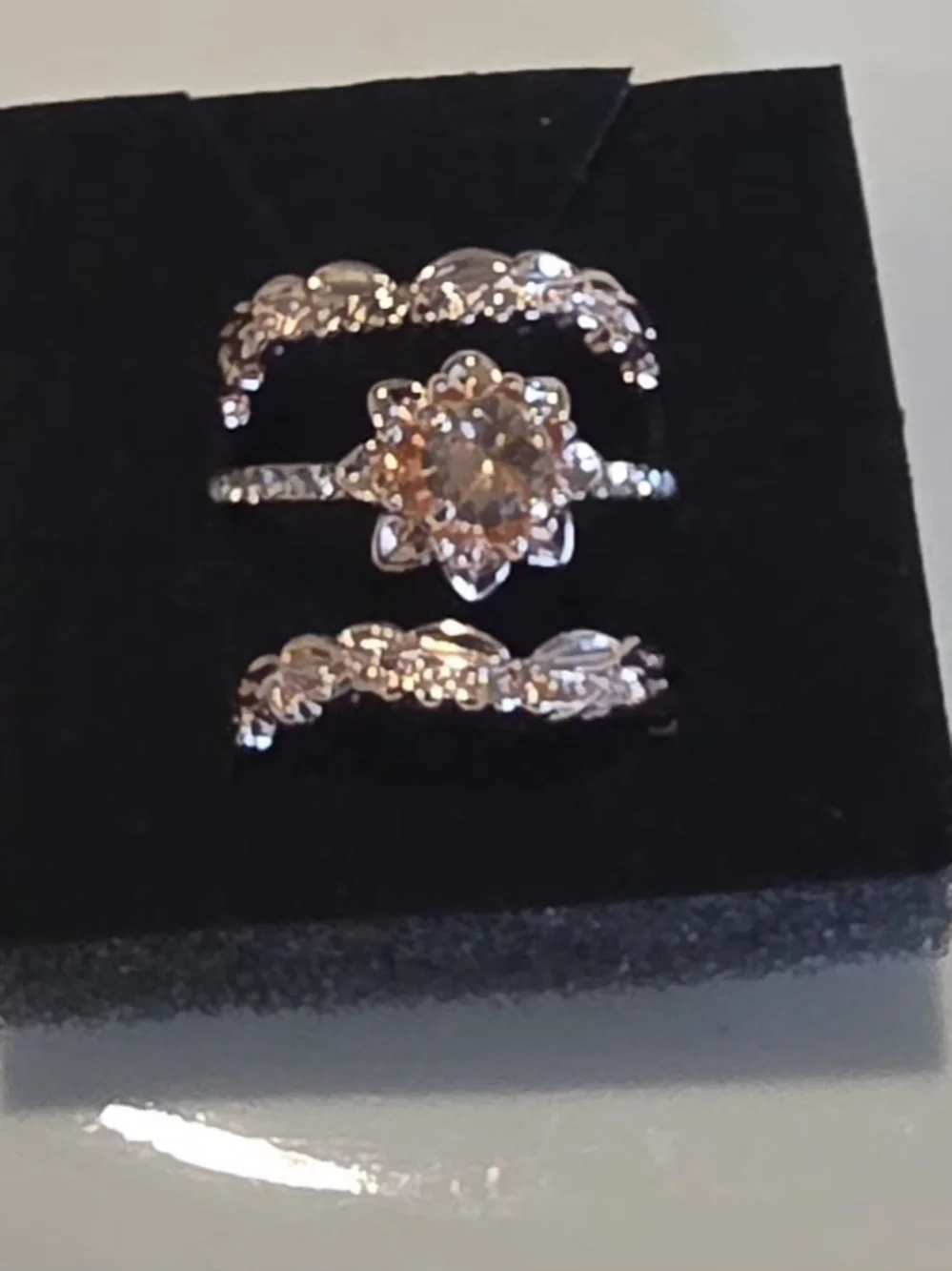 NWT Sterling Silver Rose Gold Floral Ring Set | Size 9 | Champagne CZ | 3-Piece